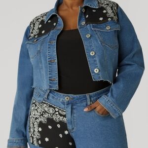 NWT- Ashley Stewart Bandana Print Cropped Denim Jacket Women's Size 18/20